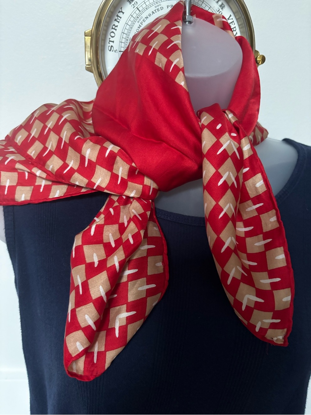 VTG beige geometric pattern square silk scarf